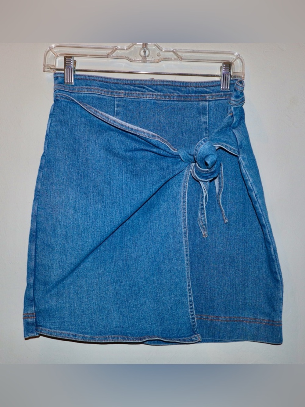 Tinseltown Blue Denim Wrap Mini Skirt with Tie